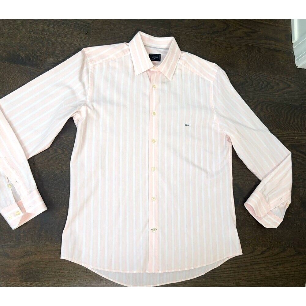 Lacoste Striped‎ Classic Shirt Button Dawn Pink Devonlay sz 40 Preppy Quiet Lux